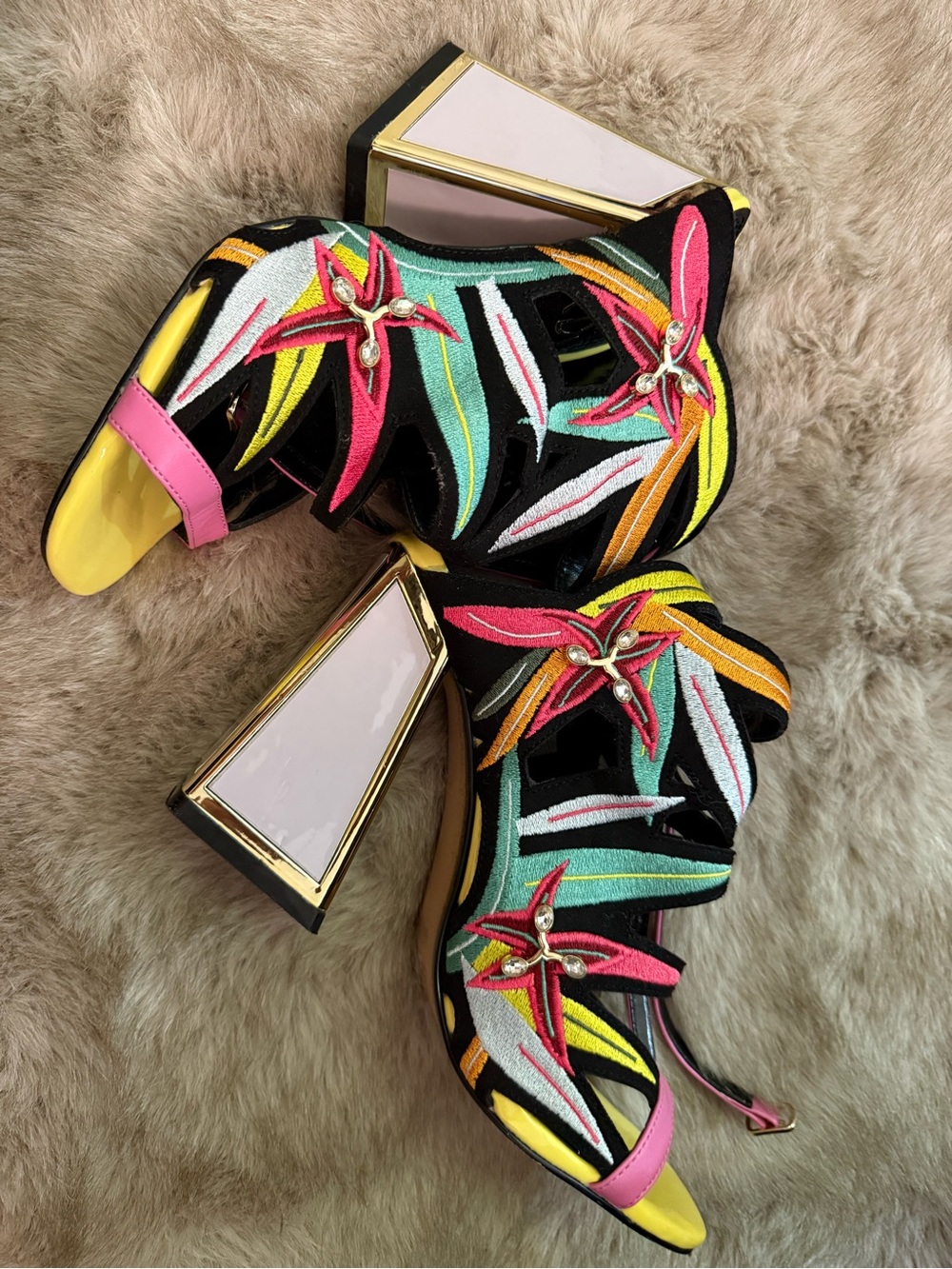 Exe Colorful Embroidered Crystal Embellished Open-Toe Heels with Ankle Strap